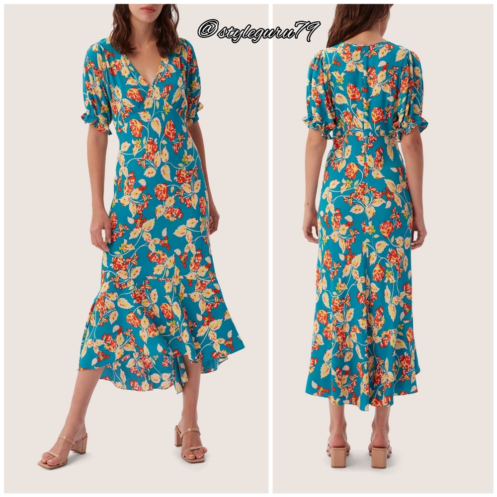 DVF Diane von Furstenberg, Orla Floral Print Dress in Birtwell Cloud Turquoise